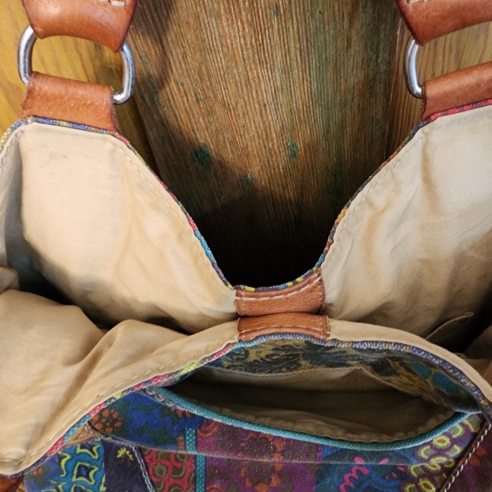 Fossil Multicolor Patchwork Canvas Shoulder Bag with Tan Leather Trim - Picture 3 of 16